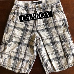 Carbon, 28, black and white, plaid, cargo shorts